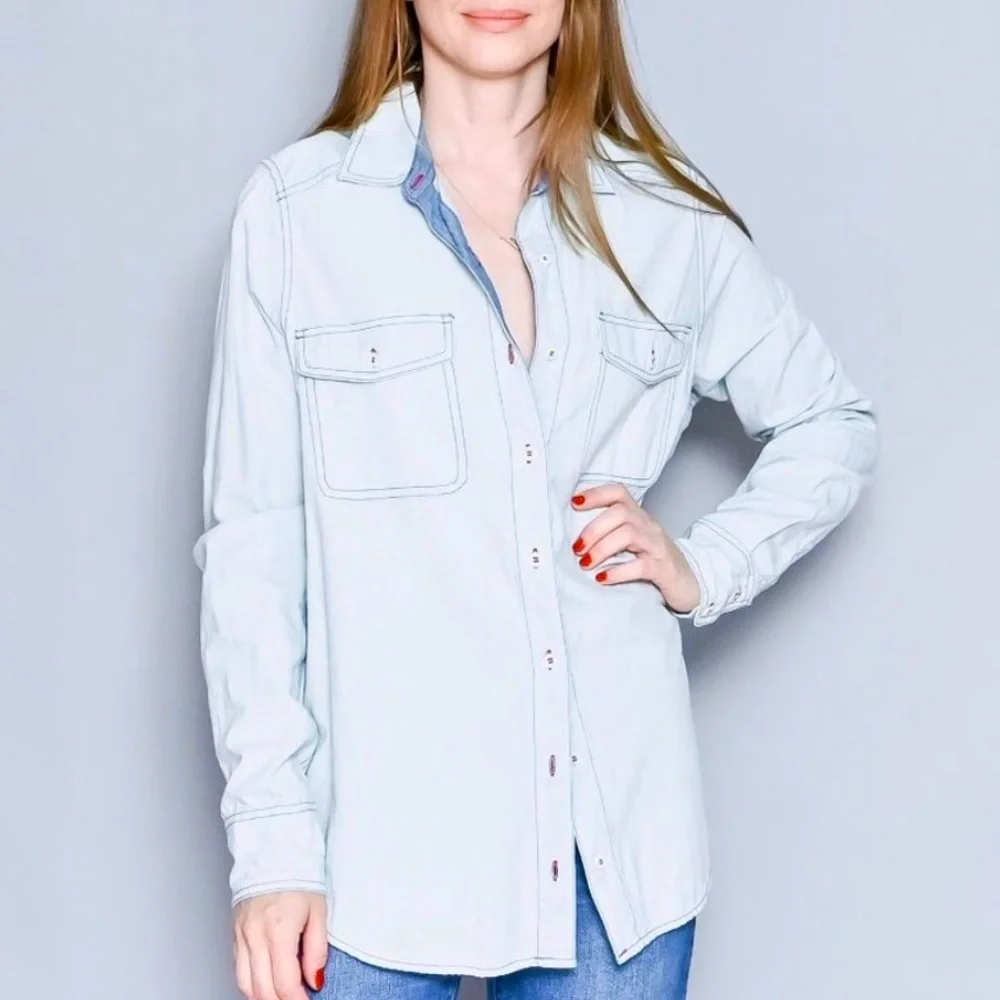 New Free People Bandana Bandit Med Blue Red Paisley Buttondown Embroidered Top - Picture 3 of 5